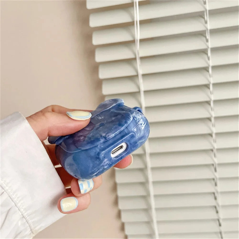 For Apple AirPods with Charging Case (2016)/(2019)/AirPods with Wireless Charging Case (2019) Earphone Case Soft TPU Marble Pattern Cute Bear Head Shape Protective Cover with Buckle - Blue - 4