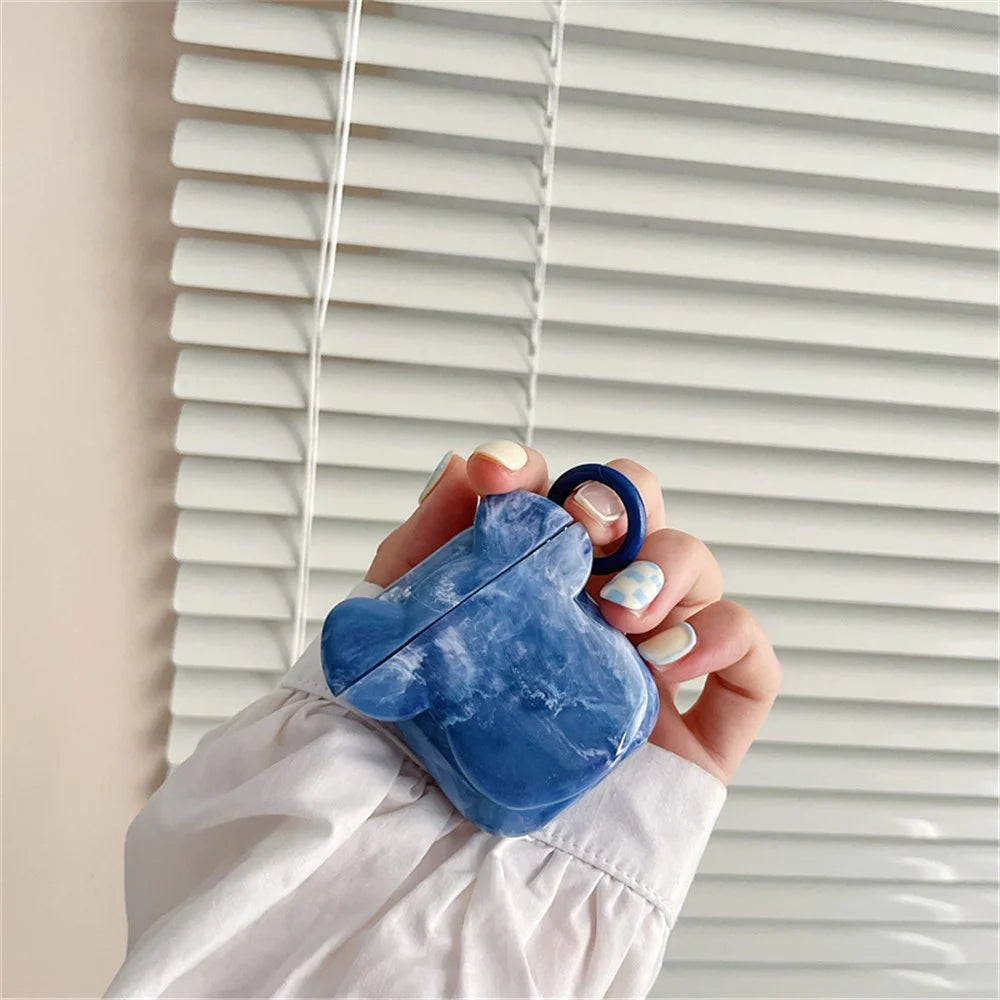 For Apple AirPods with Charging Case (2016)/(2019)/AirPods with Wireless Charging Case (2019) Earphone Case Soft TPU Marble Pattern Cute Bear Head Shape Protective Cover with Buckle - Blue - 5