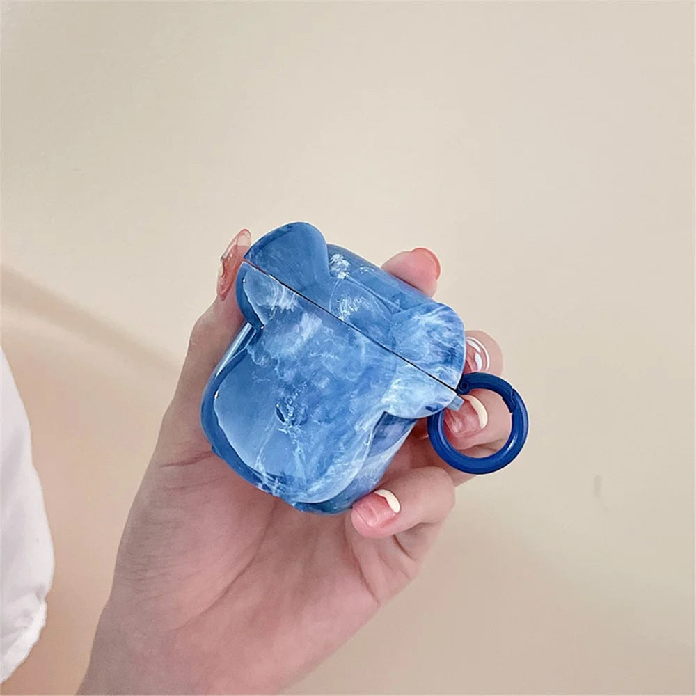 For Apple AirPods with Charging Case (2016)/(2019)/AirPods with Wireless Charging Case (2019) Earphone Case Soft TPU Marble Pattern Cute Bear Head Shape Protective Cover with Buckle - Blue - 6