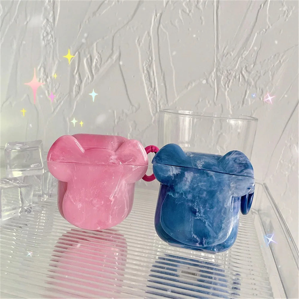 For Apple AirPods with Charging Case (2016)/(2019)/AirPods with Wireless Charging Case (2019) Earphone Case Soft TPU Marble Pattern Cute Bear Head Shape Protective Cover with Buckle - Blue - 7