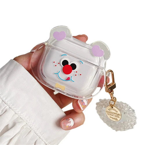 For Apple AirPods Pro Cute Bear Head Pattern Transparent Soft TPU Shockproof Protective Cover Earphone Case with Heart Pendant - 1