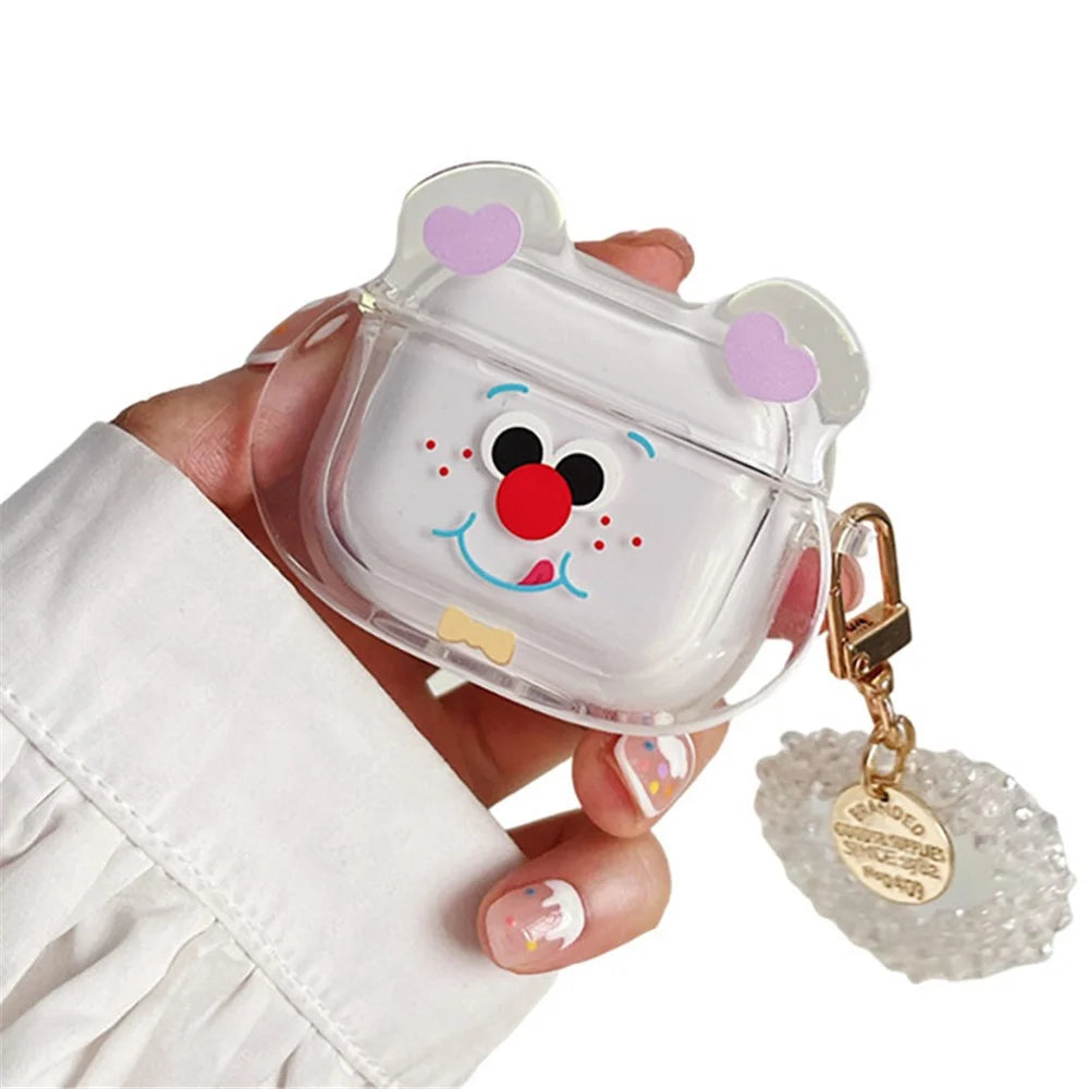 For Apple AirPods 3 Red Nose Bear Head Pattern Transparent Soft TPU Protective Cover Earphone Case with Heart Pendant - 1