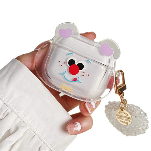 For Apple AirPods 3 Red Nose Bear Head Pattern Transparent Soft TPU Protective Cover Earphone Case with Heart Pendant - 1