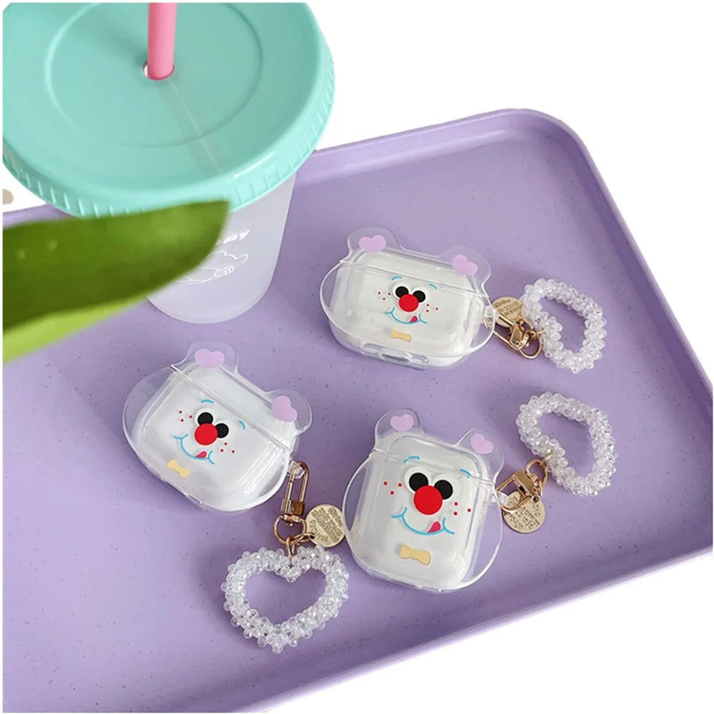For Apple AirPods 3 Red Nose Bear Head Pattern Transparent Soft TPU Protective Cover Earphone Case with Heart Pendant - 2