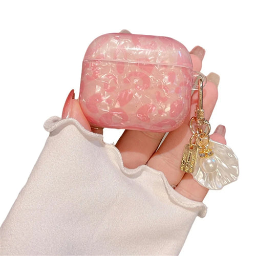 For Apple AirPods 3 Shell Grain TPU Bluetooth-compatible Earphone Charging Case Sleeve Protective Cover with Shell Pearl Pendant - 1
