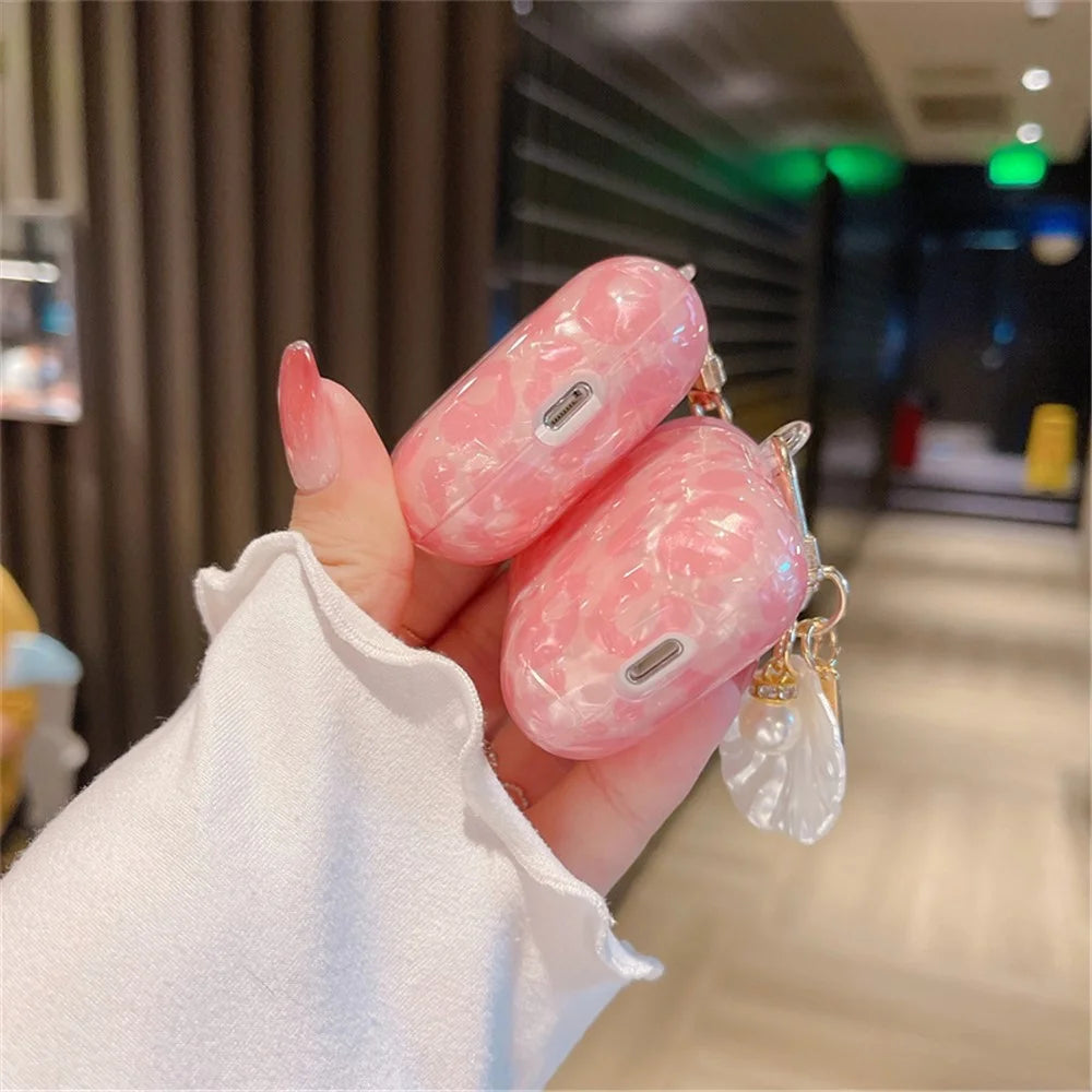 For Apple AirPods 3 Shell Grain TPU Bluetooth-compatible Earphone Charging Case Sleeve Protective Cover with Shell Pearl Pendant - 5