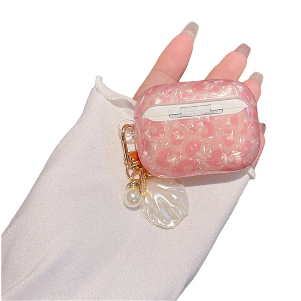 For Apple AirPods Pro Shell Grain Bluetooth-compatible Earphone TPU Protective Cover Charging Case Sleeve with Shell Pearl Pendant - 1