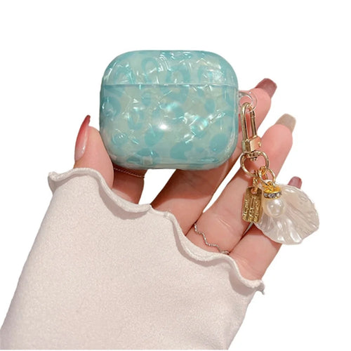 For Apple AirPods 3 Shell Grain TPU Anti-drop Bluetooth-compatible Earphone Charging Case Anti-wear Protective Cover with Shell Pearl Pendant - 1