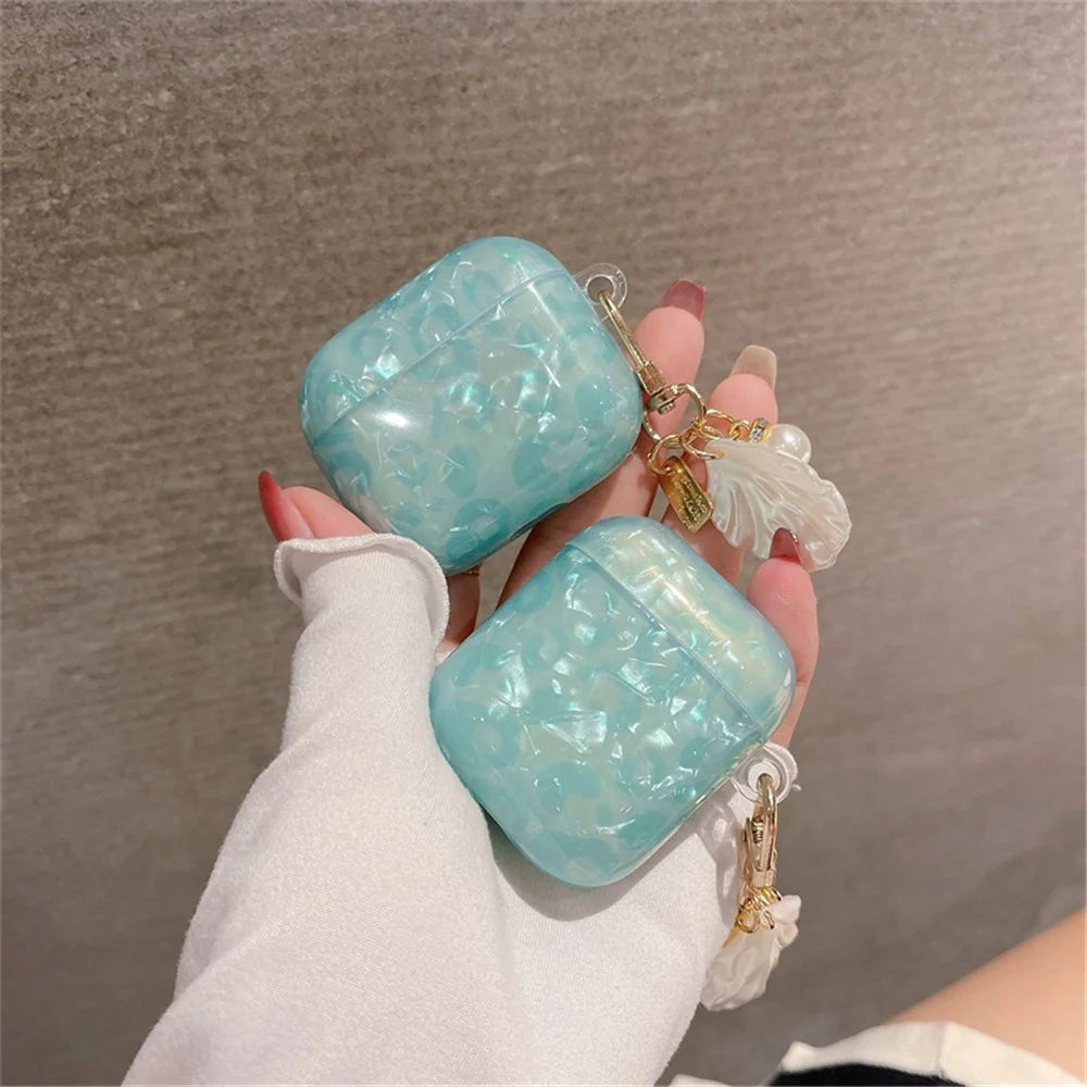 For Apple AirPods 3 Shell Grain TPU Anti-drop Bluetooth-compatible Earphone Charging Case Anti-wear Protective Cover with Shell Pearl Pendant - 4