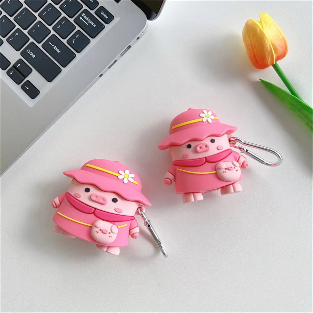 For Apple AirPods with Charging Case (2016)/(2019)/AirPods with Wireless Charging Case (2019) Piggy with Hat Design Shockproof Earphone Silicone Case Charging Box Protective Cover with Hook - 2