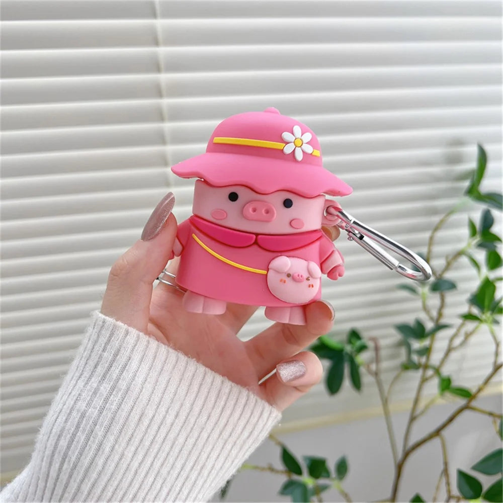 For Apple AirPods with Charging Case (2016)/(2019)/AirPods with Wireless Charging Case (2019) Piggy with Hat Design Shockproof Earphone Silicone Case Charging Box Protective Cover with Hook - 3