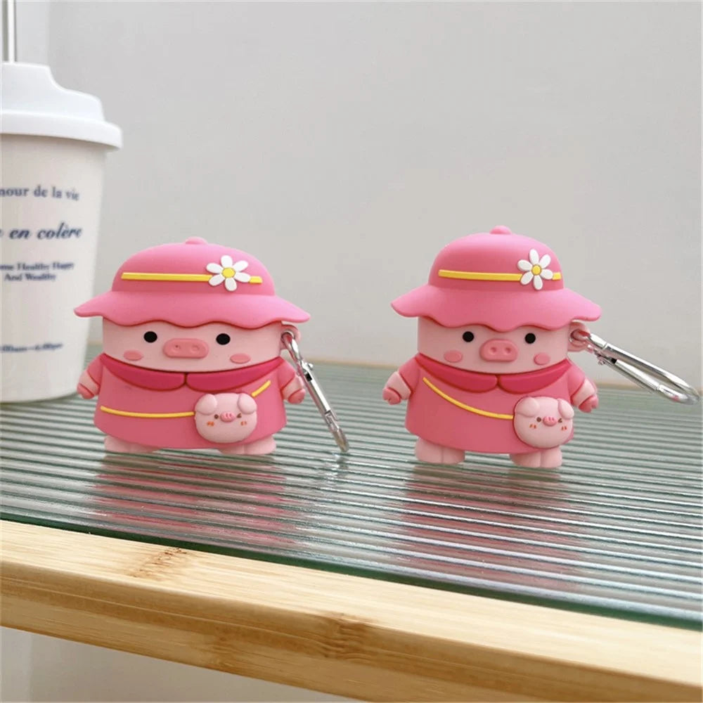 For Apple AirPods with Charging Case (2016)/(2019)/AirPods with Wireless Charging Case (2019) Piggy with Hat Design Shockproof Earphone Silicone Case Charging Box Protective Cover with Hook - 4