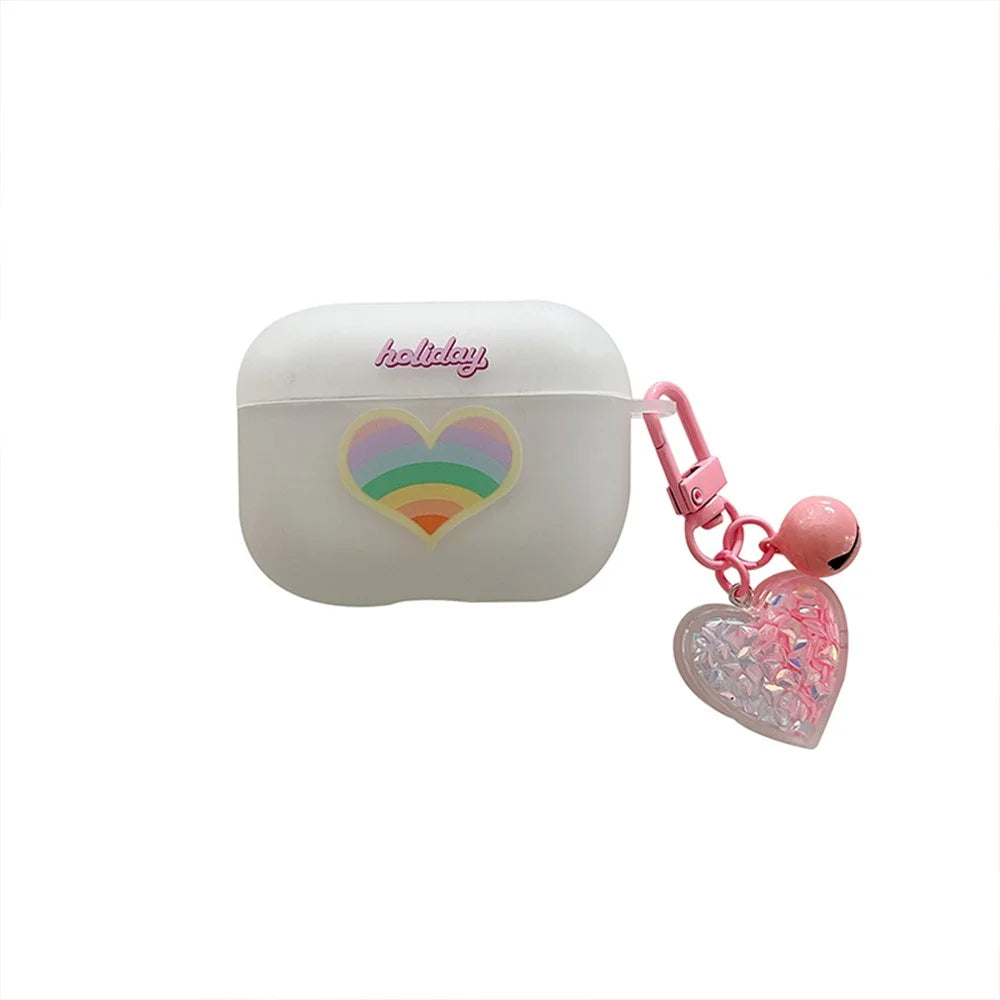 For Apple AirPods Pro Soft TPU Protective Cover Rainbow Heart Pattern Anti-fall Earphone Case with Heart Pendant - 1