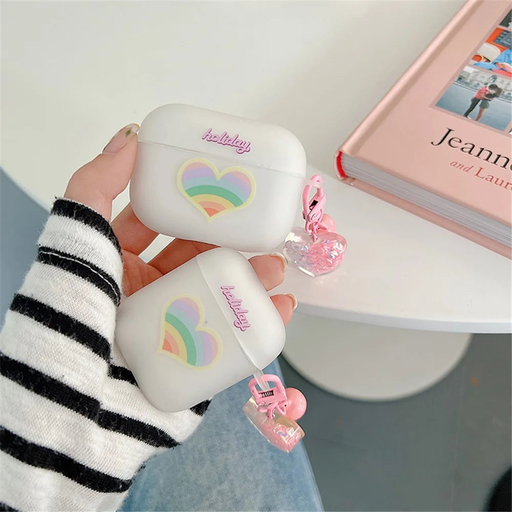 For Apple AirPods Pro Soft TPU Protective Cover Rainbow Heart Pattern Anti-fall Earphone Case with Heart Pendant - 2