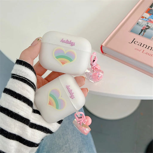 For Apple AirPods Pro Soft TPU Protective Cover Rainbow Heart Pattern Anti-fall Earphone Case with Heart Pendant - 2