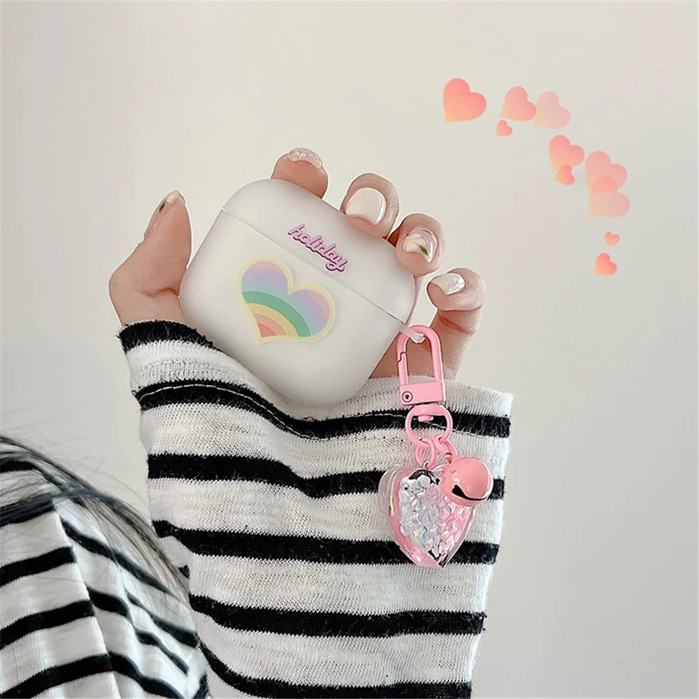 For Apple AirPods Pro Soft TPU Protective Cover Rainbow Heart Pattern Anti-fall Earphone Case with Heart Pendant - 6