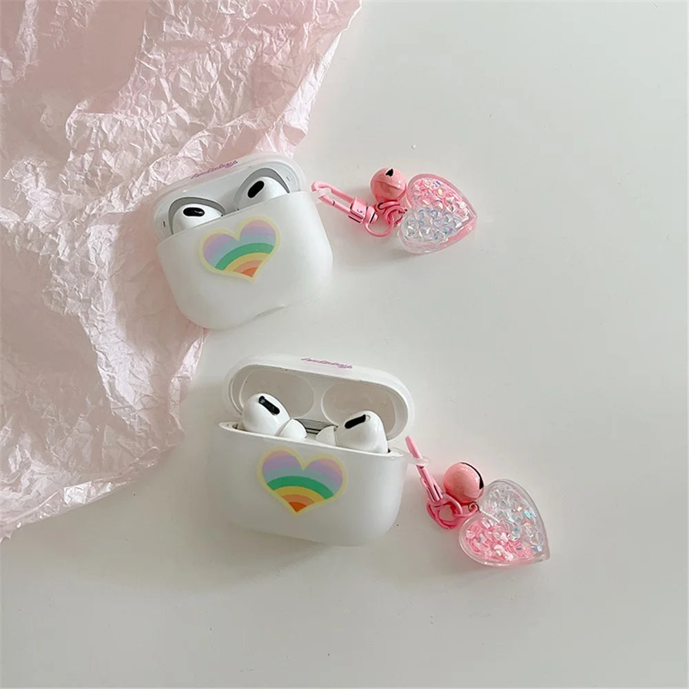 For Apple AirPods Pro Soft TPU Protective Cover Rainbow Heart Pattern Anti-fall Earphone Case with Heart Pendant - 7