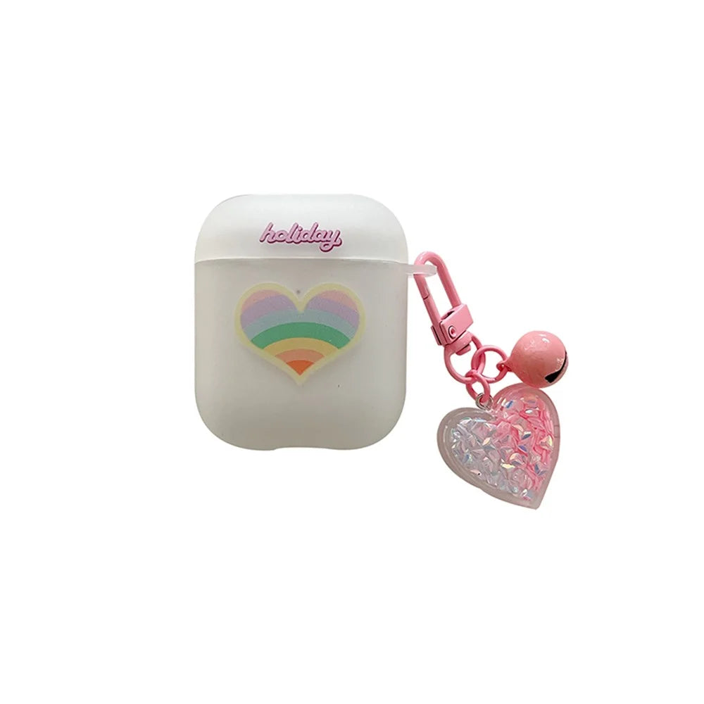For Apple AirPods with Charging Case (2016) / (2019) / AirPods with Wireless Charging Case (2019) Rainbow Heart Pattern Earphone Case Anti-shock Soft TPU Protective Cover with Heart Pendant - 1