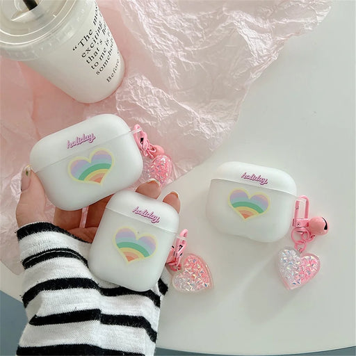 For Apple AirPods with Charging Case (2016) / (2019) / AirPods with Wireless Charging Case (2019) Rainbow Heart Pattern Earphone Case Anti-shock Soft TPU Protective Cover with Heart Pendant - 2