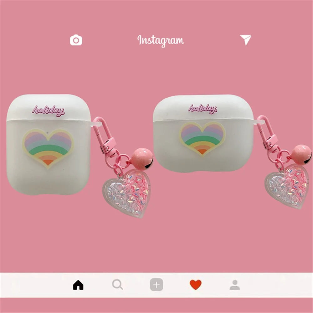 For Apple AirPods with Charging Case (2016) / (2019) / AirPods with Wireless Charging Case (2019) Rainbow Heart Pattern Earphone Case Anti-shock Soft TPU Protective Cover with Heart Pendant - 6