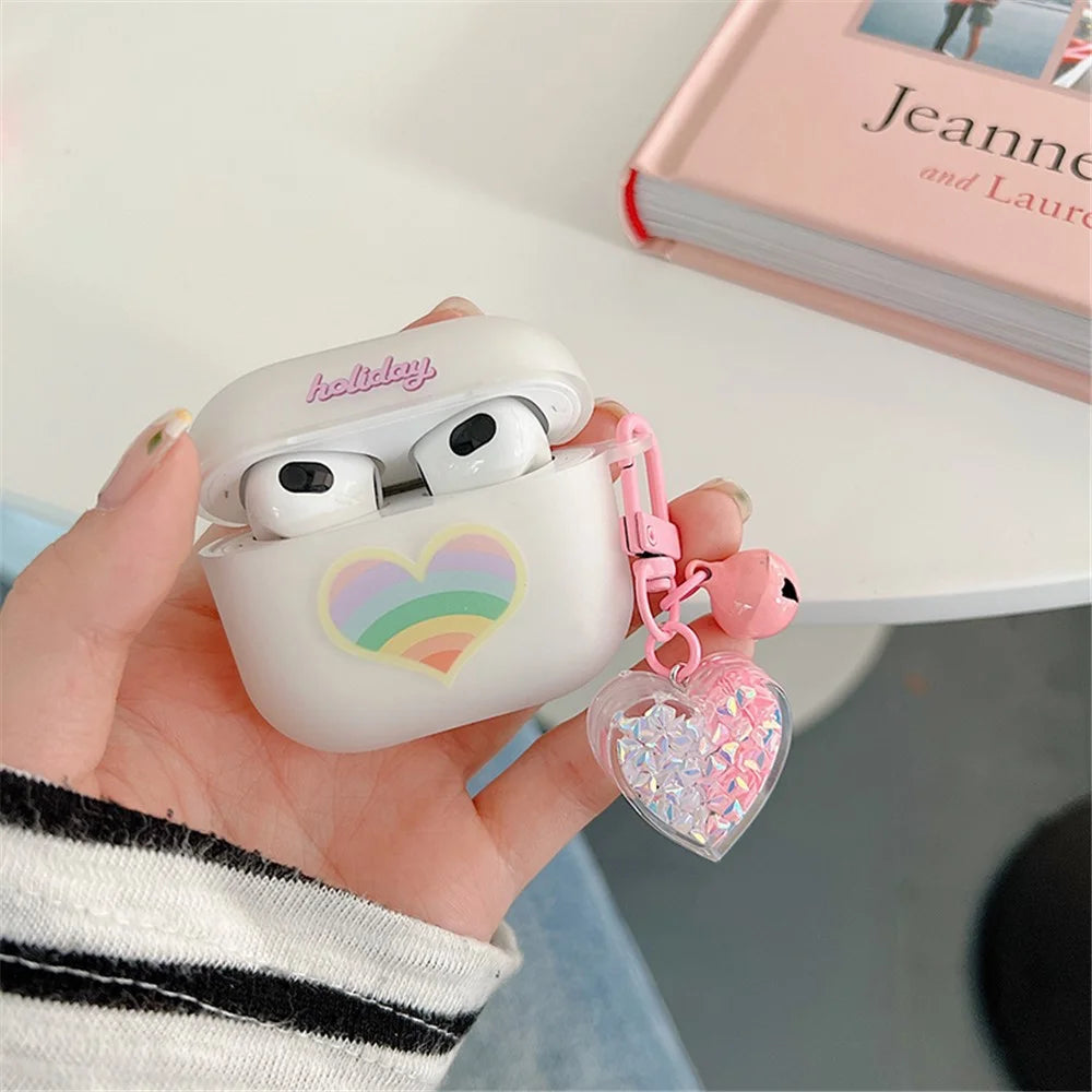 For Apple AirPods 3 Rainbow Heart Pattern Anti-drop Earphone Case Durable Soft TPU Protective Cover with Heart Pendant - 3
