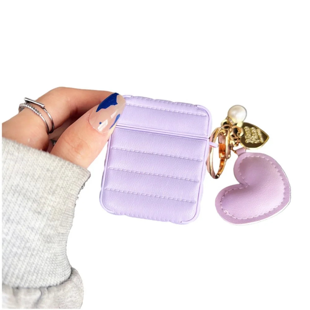 For Apple AirPods with Charging Case (2016) / (2019) / AirPods with Wireless Charging Case (2019) Down Jacket Pattern Earphone Case Stylish Leather+TPU Protective Cover with Heart Pendant - Purple - 1