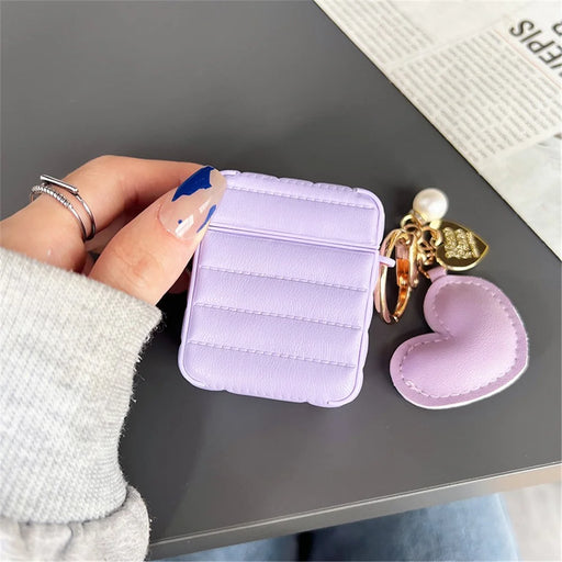 For Apple AirPods with Charging Case (2016) / (2019) / AirPods with Wireless Charging Case (2019) Down Jacket Pattern Earphone Case Stylish Leather+TPU Protective Cover with Heart Pendant - Purple - 2
