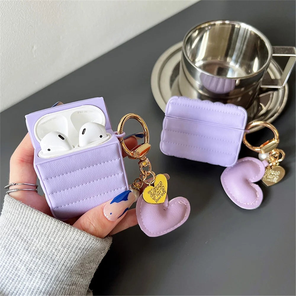 For Apple AirPods with Charging Case (2016) / (2019) / AirPods with Wireless Charging Case (2019) Down Jacket Pattern Earphone Case Stylish Leather+TPU Protective Cover with Heart Pendant - Purple - 4