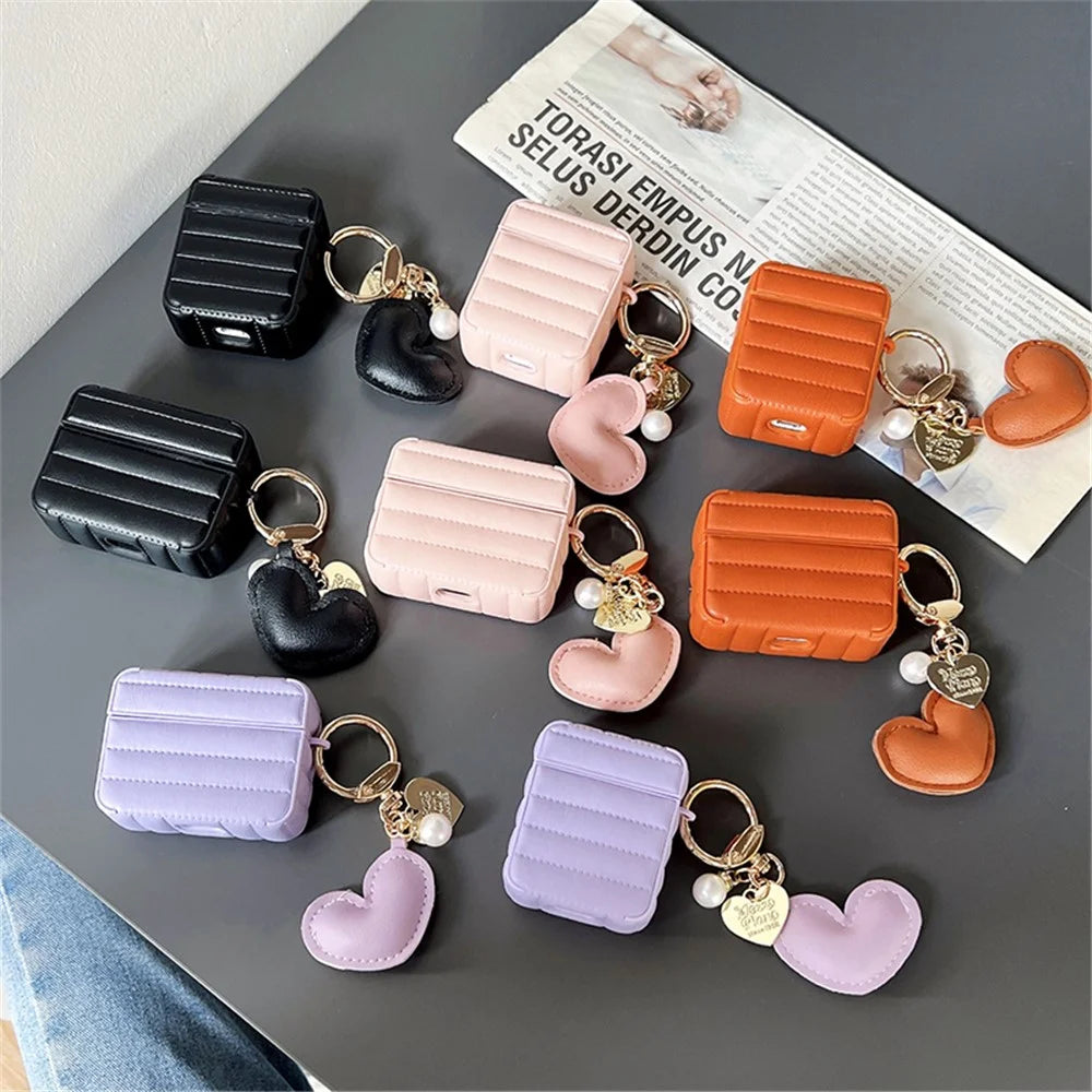 For Apple AirPods with Charging Case (2016) / (2019) / AirPods with Wireless Charging Case (2019) Down Jacket Pattern Earphone Case Stylish Leather+TPU Protective Cover with Heart Pendant - Purple - 6