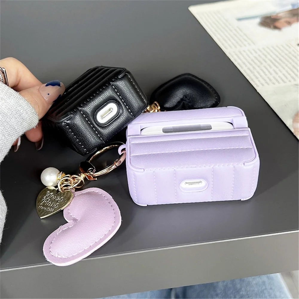 For Apple AirPods 3 Stylish Down Jacket Pattern Earphone Case Leather+TPU Anti-fall Protective Cover with Heart Pendant - Purple - 3