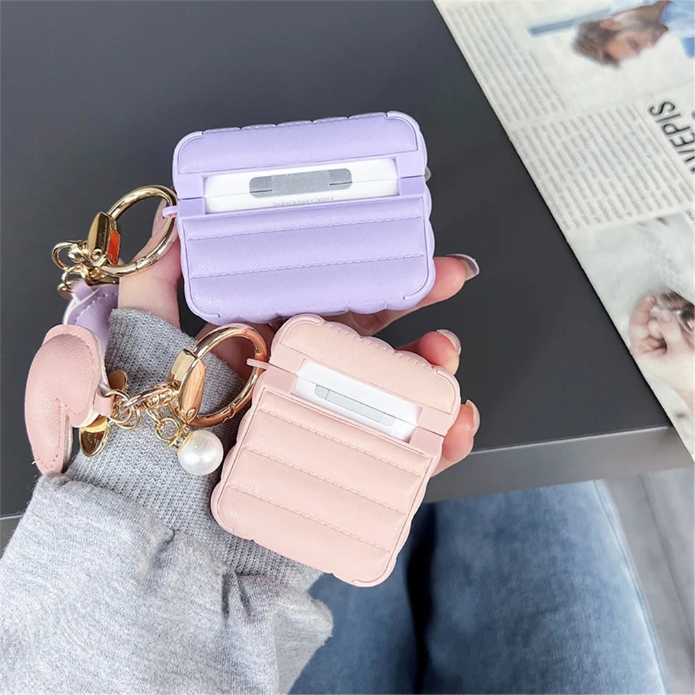 For Apple AirPods 3 Stylish Down Jacket Pattern Earphone Case Leather+TPU Anti-fall Protective Cover with Heart Pendant - Purple - 4