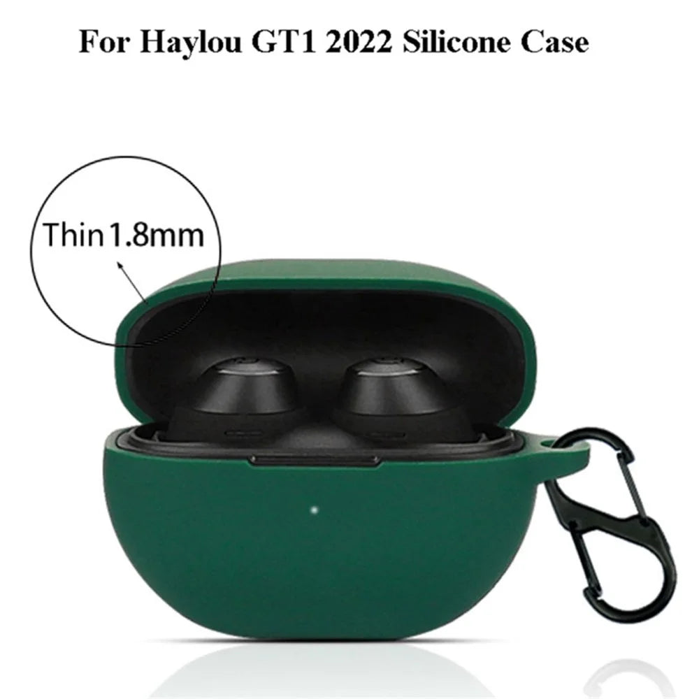 For Haylou GT1 2022 Anti-scratch Silicone Cover TWS Earphone Protective Sleeve Case with Anti-lost Buckle - Midnight Green - 3