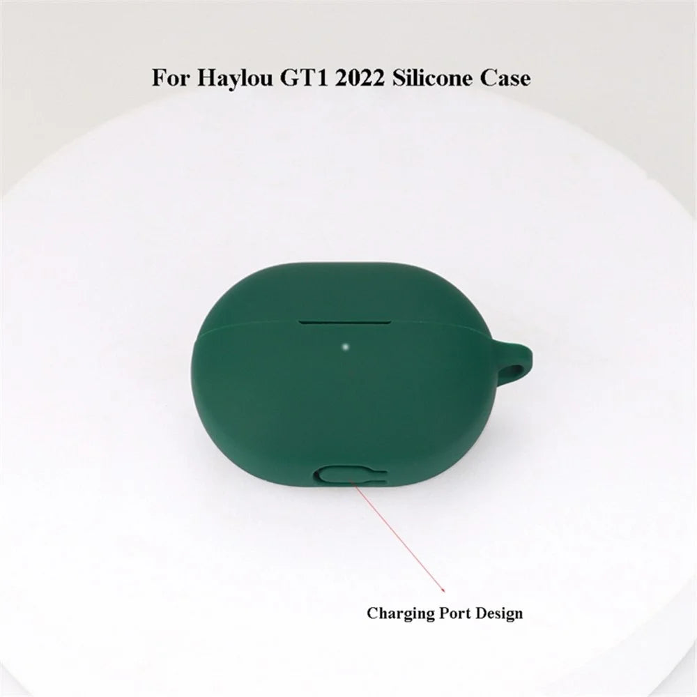 For Haylou GT1 2022 Anti-scratch Silicone Cover TWS Earphone Protective Sleeve Case with Anti-lost Buckle - Midnight Green - 4