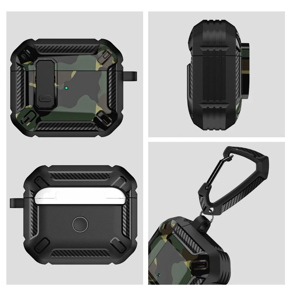 For Apple AirPods Pro Soft TPU+PC Cover Bluetooth-compatible Earbuds Protective Case Pattern Printed Shell with Buckle - Black / Camo Blue - 5