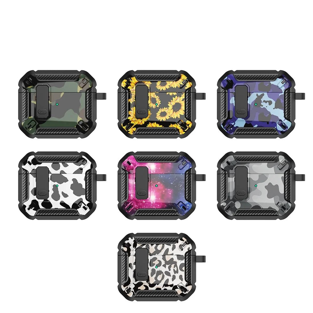 For Apple AirPods Pro Soft TPU+PC Cover Bluetooth-compatible Earbuds Protective Case Pattern Printed Shell with Buckle - Black / Camo Blue - 6