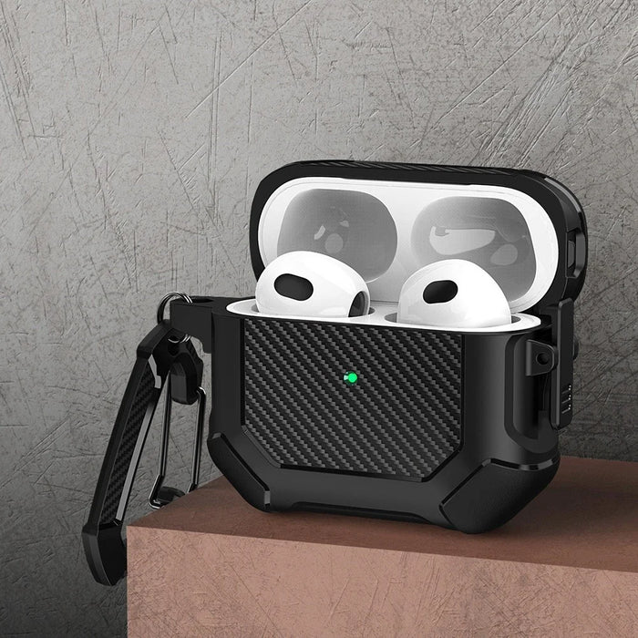 For Apple AirPods 3 Carbon Fiber Pattern Protective Case Portable Bluetooth-compatible Earbuds Soft TPU+PC Cover with Buckle - Black - 2
