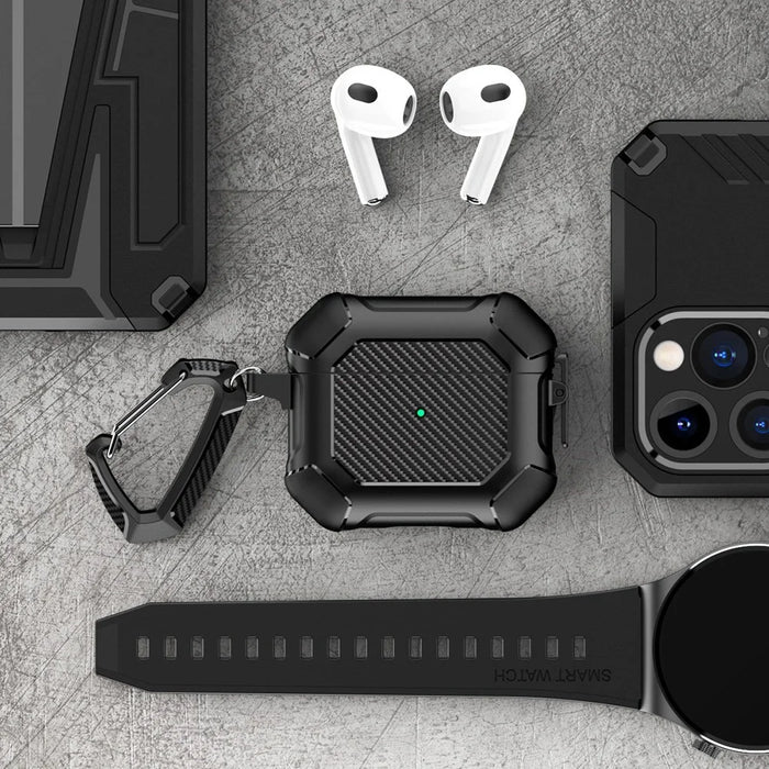 For Apple AirPods 3 Carbon Fiber Pattern Protective Case Portable Bluetooth-compatible Earbuds Soft TPU+PC Cover with Buckle - Black - 7