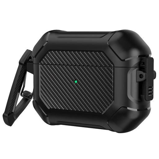 For Apple AirPods Pro Carbon Fiber Anti-Drop Case Portable Bluetooth-compatible Earbuds Soft TPU+PC Cover with Buckle - Black - 1