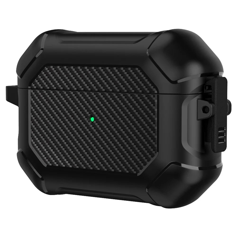 For Apple AirPods Pro Carbon Fiber Anti-Drop Case Portable Bluetooth-compatible Earbuds Soft TPU+PC Cover with Buckle - Black - 2
