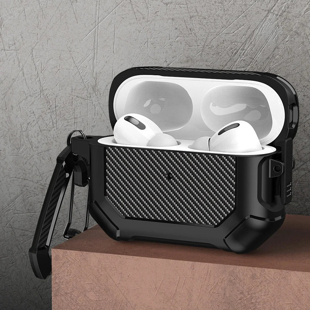For Apple AirPods Pro Carbon Fiber Anti-Drop Case Portable Bluetooth-compatible Earbuds Soft TPU+PC Cover with Buckle - Black - 3
