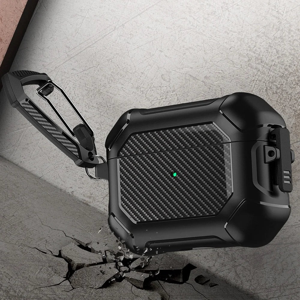 For Apple AirPods Pro Carbon Fiber Anti-Drop Case Portable Bluetooth-compatible Earbuds Soft TPU+PC Cover with Buckle - Black - 4