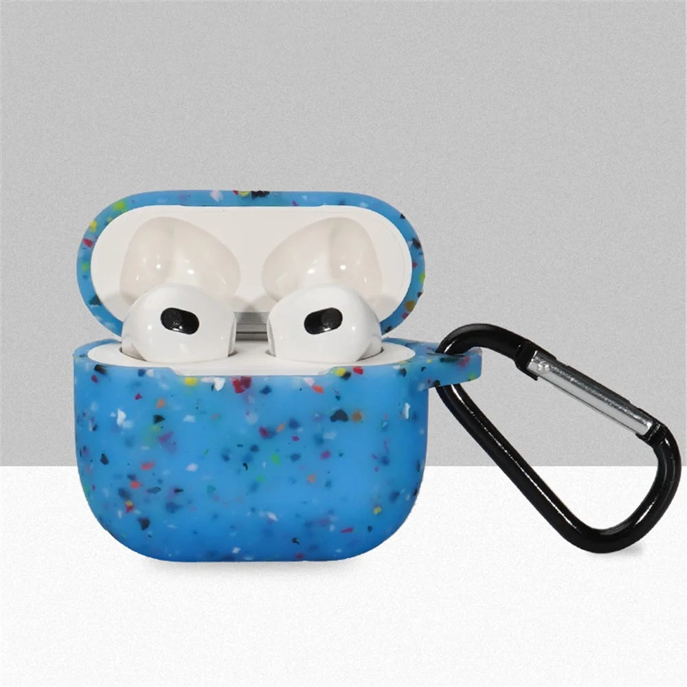 For Apple Airpods 3 Flower Pattern Silicone Case Bluetooth-compatible Earbuds Protective Cover with Anti-loss Carabiner - Blue - 1