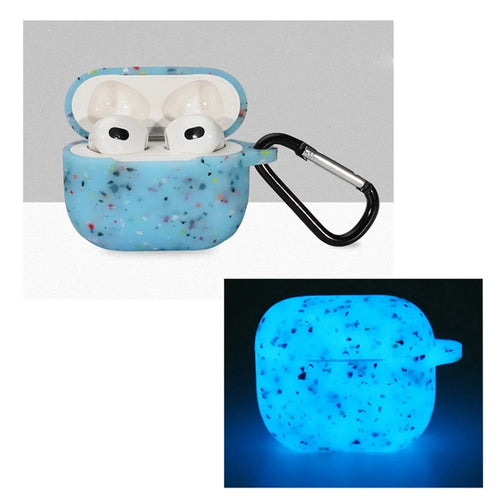 For Apple AirPods 3 Flower Design Earphone Luminous Case Bluetooth-compatible Earbuds Silicone Protective Cover with Anti-lost Carabiner - Luminous Blue - 1