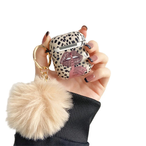For Apple AirPods with Charging Case (2016)  /  (2019)  /  AirPods with Wireless Charging Case (2019) Anti-Drop Cover Lip Leopard Pattern TPU Headset Case with Hair-Ball Pendant - 1