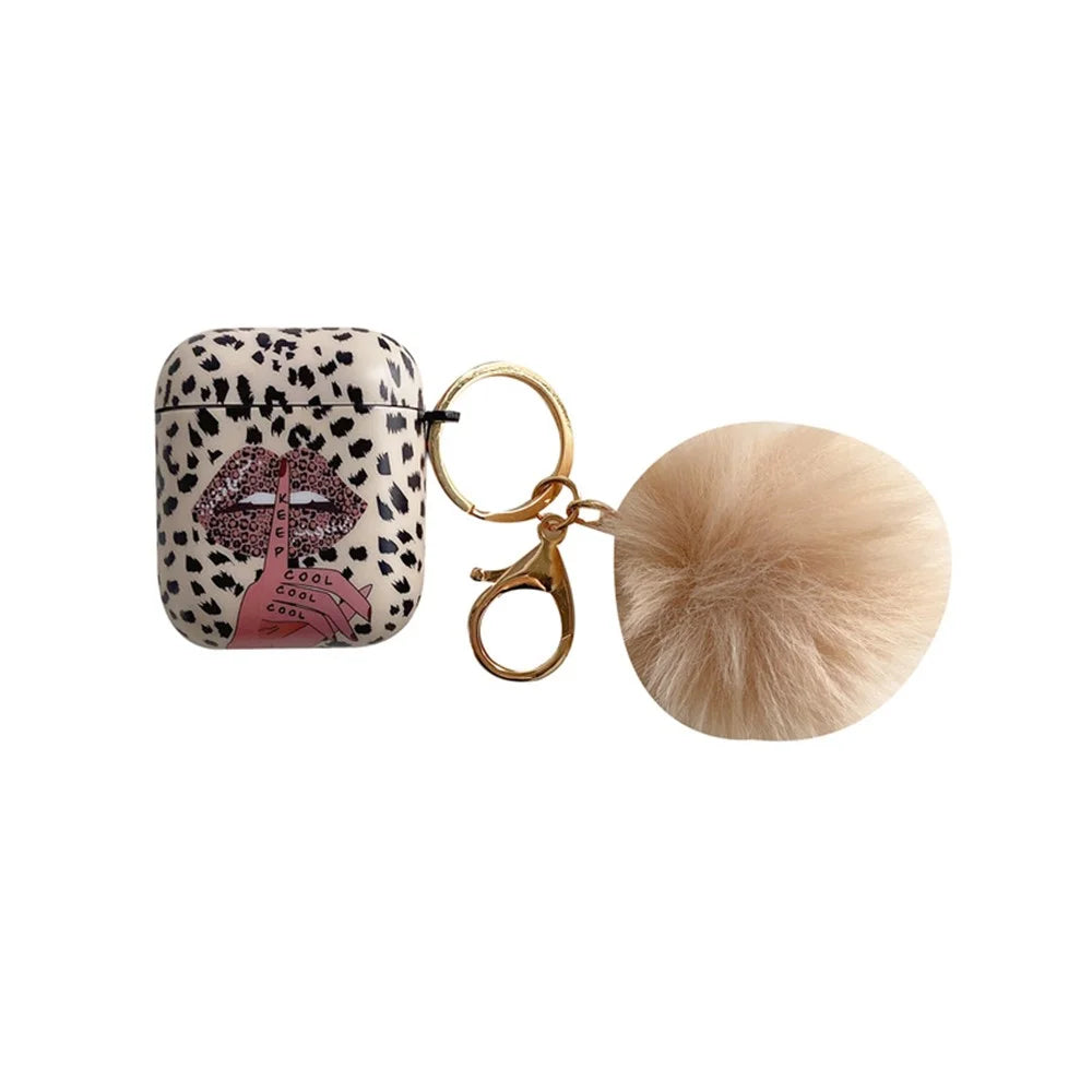 For Apple AirPods with Charging Case (2016)  /  (2019)  /  AirPods with Wireless Charging Case (2019) Anti-Drop Cover Lip Leopard Pattern TPU Headset Case with Hair-Ball Pendant - 2