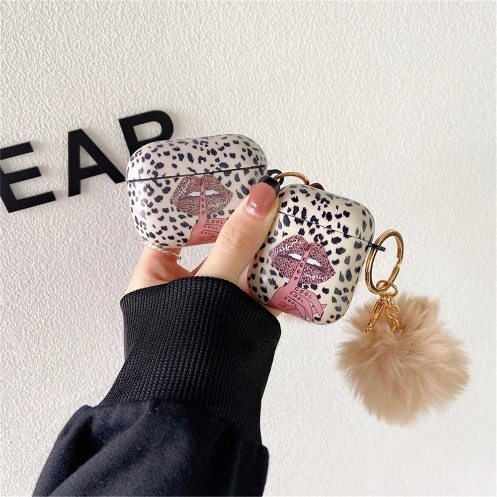 For Apple AirPods with Charging Case (2016)  /  (2019)  /  AirPods with Wireless Charging Case (2019) Anti-Drop Cover Lip Leopard Pattern TPU Headset Case with Hair-Ball Pendant - 3