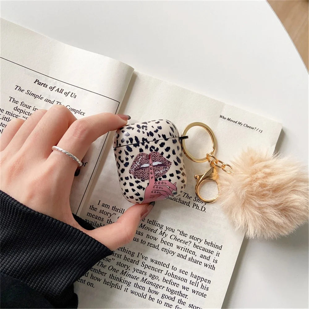 For Apple AirPods with Charging Case (2016)  /  (2019)  /  AirPods with Wireless Charging Case (2019) Anti-Drop Cover Lip Leopard Pattern TPU Headset Case with Hair-Ball Pendant - 4