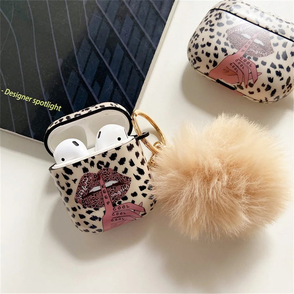 For Apple AirPods with Charging Case (2016)  /  (2019)  /  AirPods with Wireless Charging Case (2019) Anti-Drop Cover Lip Leopard Pattern TPU Headset Case with Hair-Ball Pendant - 6
