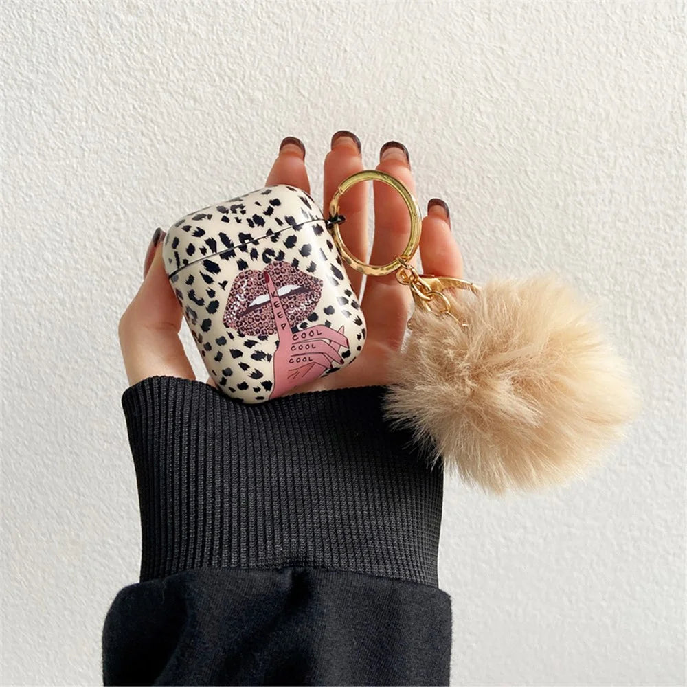 For Apple AirPods with Charging Case (2016)  /  (2019)  /  AirPods with Wireless Charging Case (2019) Anti-Drop Cover Lip Leopard Pattern TPU Headset Case with Hair-Ball Pendant - 7