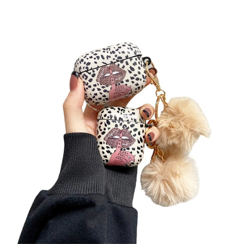 For Apple AirPods Pro Lip Leopard Pattern TPU Cover Anti-Drop Headset Case with Hair-Ball Pendant - 1